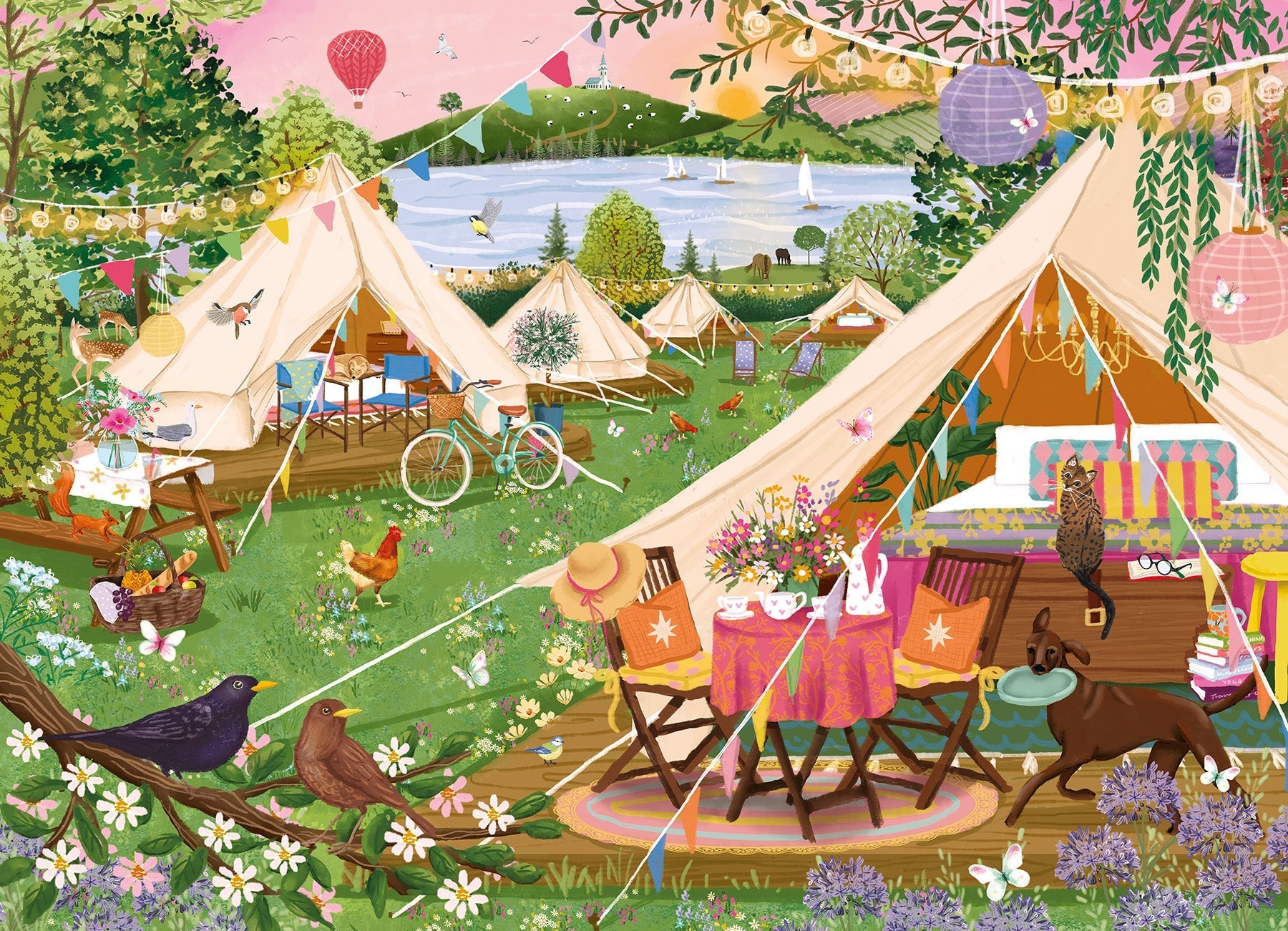 Tents on green grass by the sea - a very cozy scene of glamping