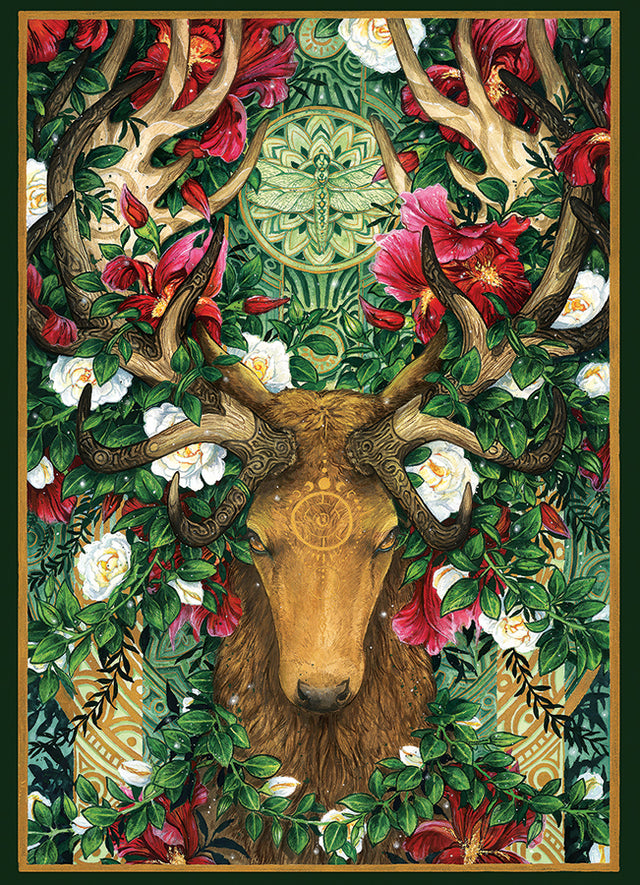 A portrait-format nature scene combining a stag, dragonfly, flowers, wildlife, and mystical carved details.